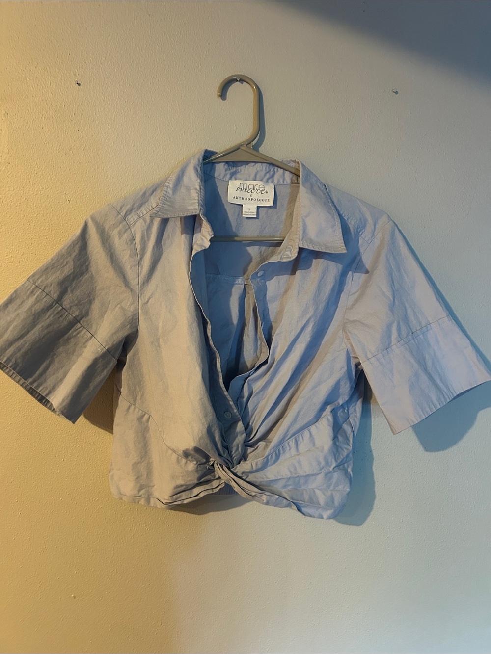 Mare Mare x anthropologie Pale Blue Cropped Knot-Front Button Down Shirt